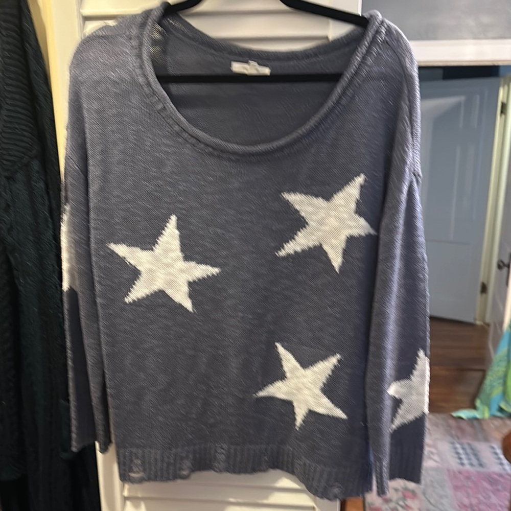 Maurices Blue and White Crew Neck distressed Sweater with Star Design